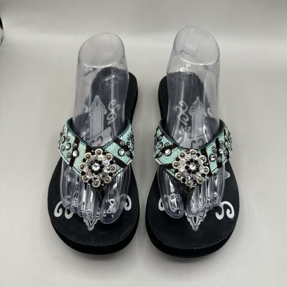 Cowgirl Jewels Rhinestone Turquoise Black Leather Flip Flop Sandals Size 8 - Picture 4 of 9